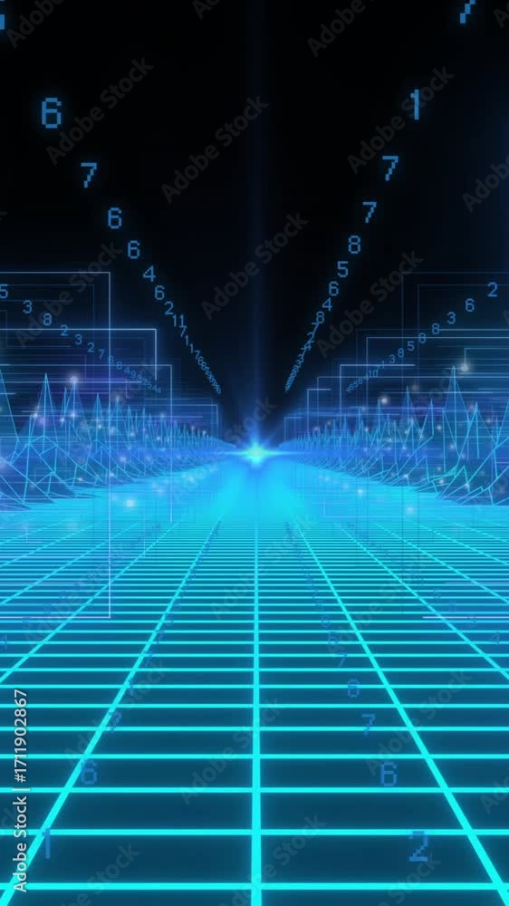 Poster digital animation creating futuristic virtual landscape with glowing lines and numbers