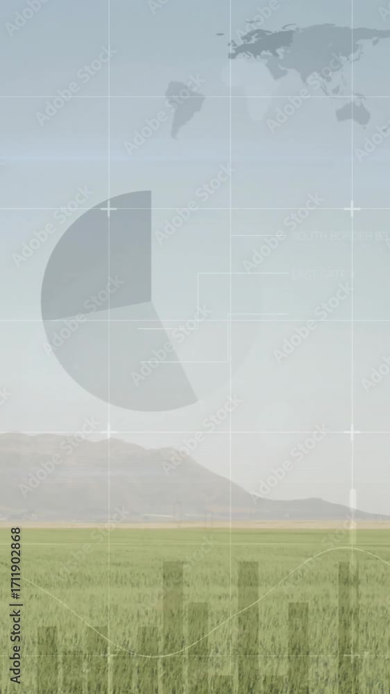 Poster graphs and charts animation over green field with mountain in background