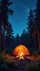 A crackling campfire under a starlit summer sky, illuminating a tent pitched amidst a serene forest scene The perfect summer camping getaway Enjoy the tranquil ambiance , vacation, campfire, trees