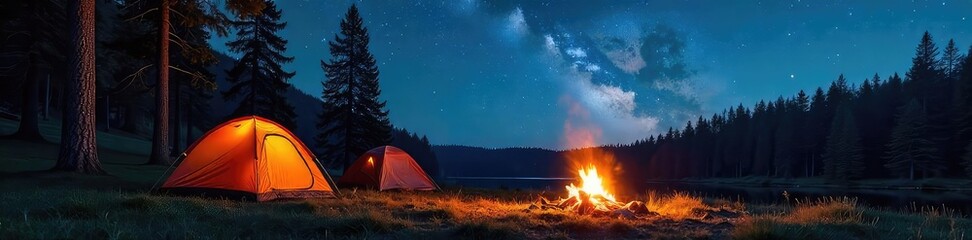 A crackling campfire under a starlit summer sky, illuminating tents pitched amidst towering pines The perfect scene of summer camping tranquility and adventure , scenic, vacation, nocturnal