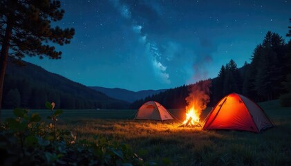 A crackling campfire under a starlit summer sky, illuminating tents pitched in a lush green meadow Perfect for representing summer camping adventures and outdoor recreation , woods, camping