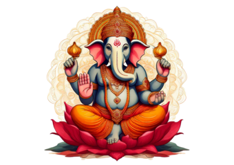 Indian god Ganesha with elephant head. Divine Hindu lord of luck, wisdom, isolated on a transparent or white background.
