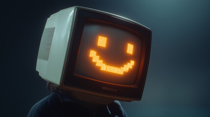 Person wearing a vintage computer monitor helmet with glowing smiley face, in black studio lighting