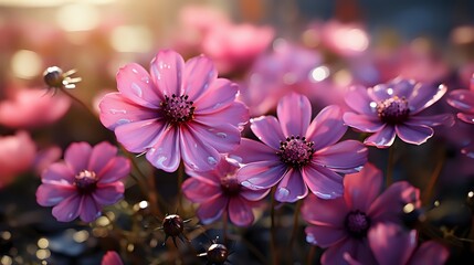 Pink and purple cosmos flowers blooming in garden at sunset with soft bokeh background, natural floral composition with delicate petals in warm light.