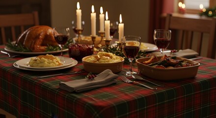 Festive Thanksgiving Dinner Table with Roasted Turkey and Candles.