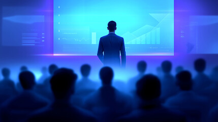Dynamic business presentation: Confident entrepreneur presenting captivating slide to attentive investors in modern conference room. Professional, innovative, enthusiastic