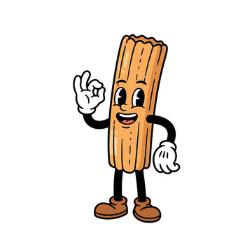 Retro Cartoon Churro Character with Okay Gesture and Smiling Face