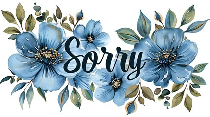 Watercolor floral composition with blue flowers and green leaves featuring Sorry text in elegant calligraphy style, on white background for greeting cards and designs.