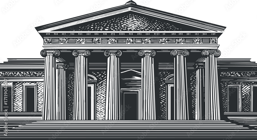 Poster a detailed illustration of a classical architectural building with columns and ornate design.