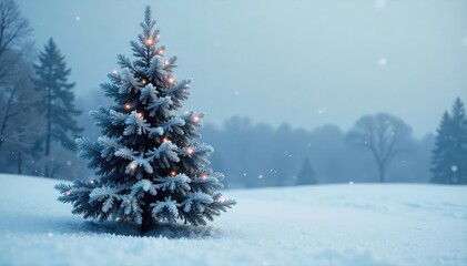Majestic Frosted Christmas Tree in Snowy Solitude A Serene Winter Landscape Evoking Peace and Quiet on a Cold Christmas Day