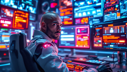Focused Cyber Security Specialist in Futuristic Control Room