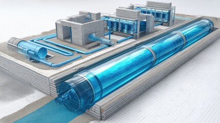 Cutaway 3D render of an AI-driven underground water purification system with renewable-powered filtration, modular recycling, and smart optimization.