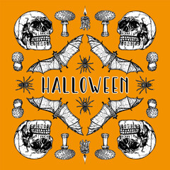 Halloween card design with bat, skull, mushroom, candle, spider. Sketch outline illustration, drawings in engraving style. Hand-drawn vector line art