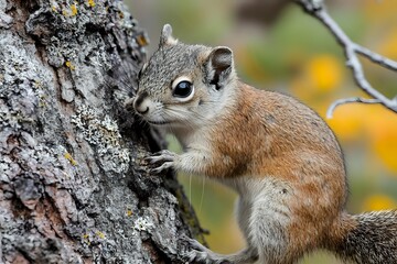 Fototapeta premium Curious red squirrel perched on tree bark exploring surroundings, close-up view showing detailed fur texture against blurred autumn background with golden bokeh.