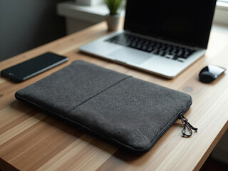 A blank black laptop on a minimalist desk with a soft pouch, clean and modern mockup.
