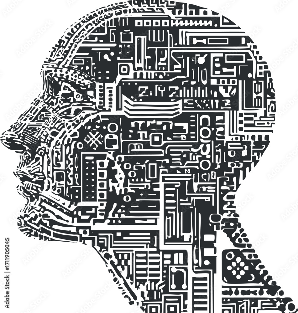 Poster abstract illustration of a human profile filled with circuit patterns representing technology and in