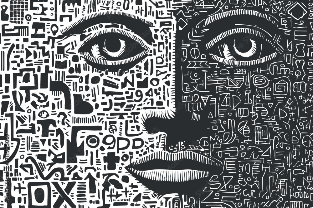 Poster an abstract monochrome illustration featuring a stylized face composed of intricate patterns and sym