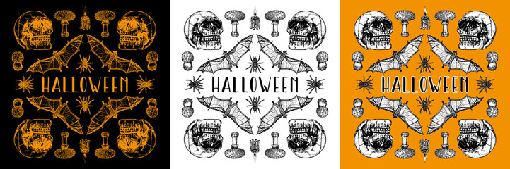 Bat, skull, mushroom, candle, spider drawings in engraving style. Halloween card, poster, sticker designs - sketch outline illustration. Hand-drawn vector line art, sticker collection