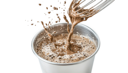 Chocolate batter being whisked in a metal bowl, creating splashes and movement, isolated on transparent background the whisk is partially submerged in the mixture
