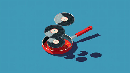 Three vinyl records hovering above a hot pan on blue background