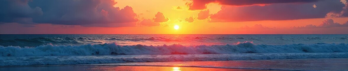 Sun rising over a tranquil ocean, waves gently lapping the shore, peaceful dawn scene  The vibrant colors of the sunrise paint the sky and water ,  seascape,  gleam,  quiet
