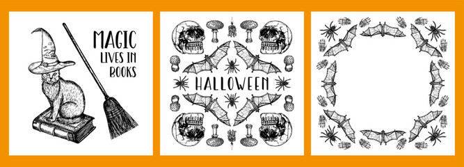 Halloween holiday frame, card, banner, sticker designs with lettering phrases. Skeleton, bat, skull, cat, spider sketch outline illustrations, drawings in engraving style. Hand-drawn vector line art