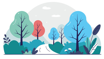 Vector art of a serene illustration of a colorful forest with a winding path, lush trees, and a peaceful, cloudy sky above it all