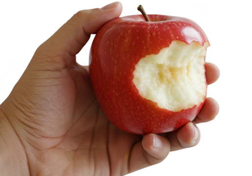 Hand holding bitten red apple against healthy food concept isolated on transparent background