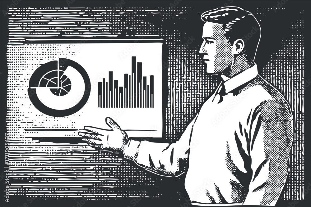 Aufkleber a professional man presenting data analytics and statistics on a chart in a business setting.