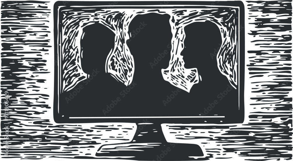 Poster illustration of three silhouettes displayed on a computer monitor representing digital communication