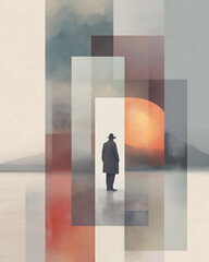 Surrealist art poster inspired by Salvador Dal?, featuring a person in dreamlike composition with gradients and muted tones. Suitable for modern wall art