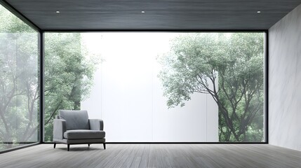 Fototapeta premium armchair. Sleek living room featuring a single chair by a large window, with natural light and blurred outdoor greenery. lifestyle magazines.