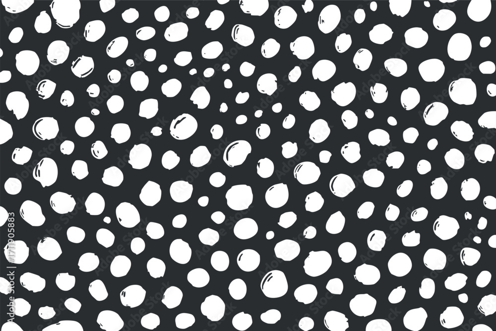 Poster a modern abstract pattern featuring randomly placed white dots on a black background.