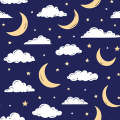 Night Sky Pattern with Moon Stars and Clouds