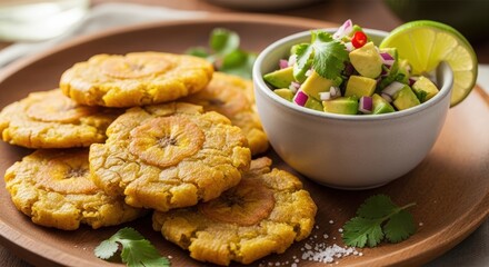 Golden fried plantain tostones served with a side of fresh avocado salsa and lime wedge.
