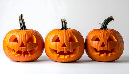 Three Spooky Halloween Jack-o'-Lantern Pumpkins with Smiling Faces