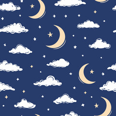 Naklejka premium Night Sky Pattern with Moon Stars and Clouds