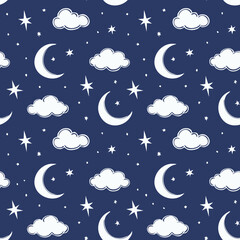 Fototapeta premium Night Sky Pattern with Moon Stars and Clouds