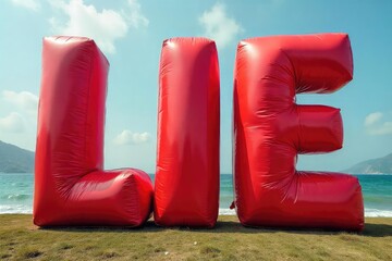 A large, exaggeratedly false statement is visually represented; a massive, inflatable lie inflates to impossible proportions, symbolizing deception on a grand scale ,  big,  immense,  fib