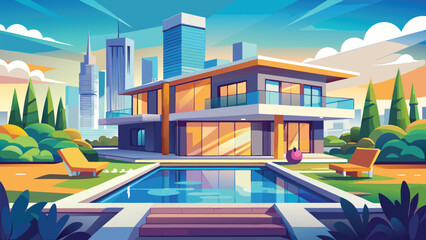 Vector art of luxurious modern house with a swimming pool, a garden, and a stunning city skyline in the background on a sunny day
