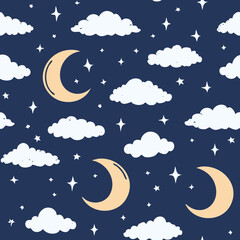 Fototapeta premium Night Sky Pattern with Moon Stars and Clouds