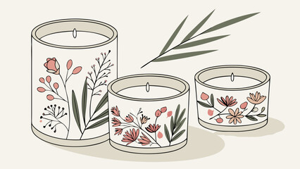 Three Scented Candles with Floral Designs Home Decor Relaxation Spa Wellness Illustration.
