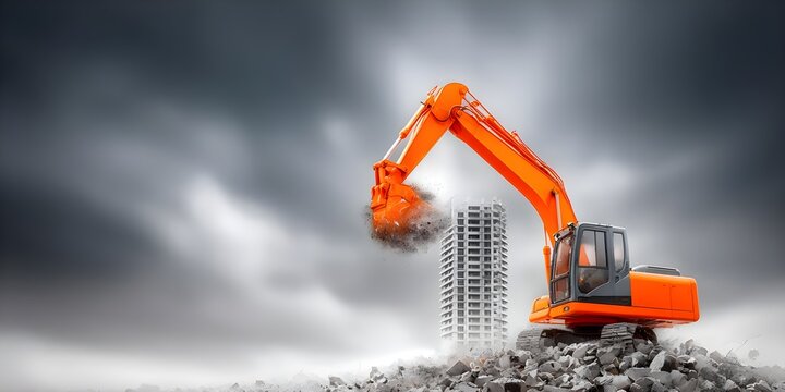 Excavator demolishing a building amidst a dramatic sky - Powered by Adobe