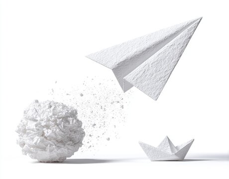 White paper airplane and boat, sphere disintegration