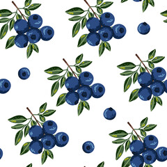 Seamless pattern of blueberry plant in flat style with noise texture