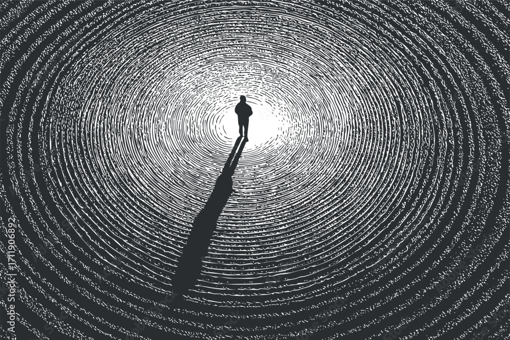 Poster a silhouette of a person walking through a circular pattern of light and shadow.