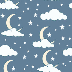 Night Sky Pattern with Moon Stars and Clouds