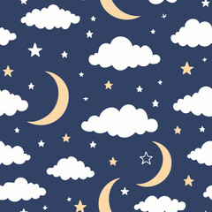 Naklejka premium Night Sky Pattern with Moon Stars and Clouds