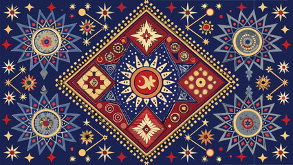 Fototapeta premium ajrak-star-and-moon-textile-Vector art of an intricate and colorful textile design with geometric and floral patterns and symmetrical arrangement