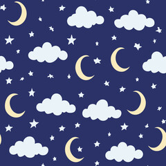 Night Sky Pattern with Moon Stars and Clouds